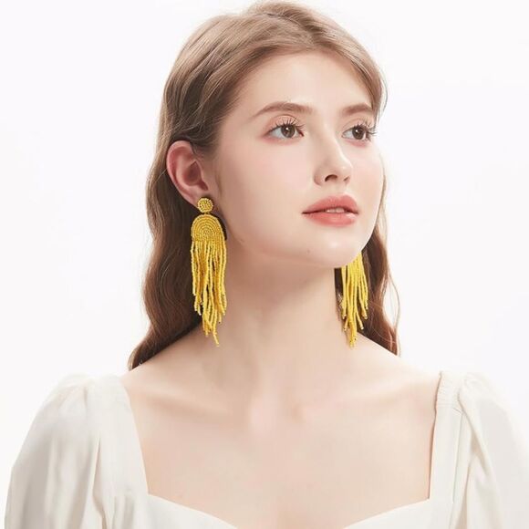 Long Boho Yellow Beaded Tassel Fringe Dangling Drop Fan Chandelier Post Earrings - Picture 7 of 7